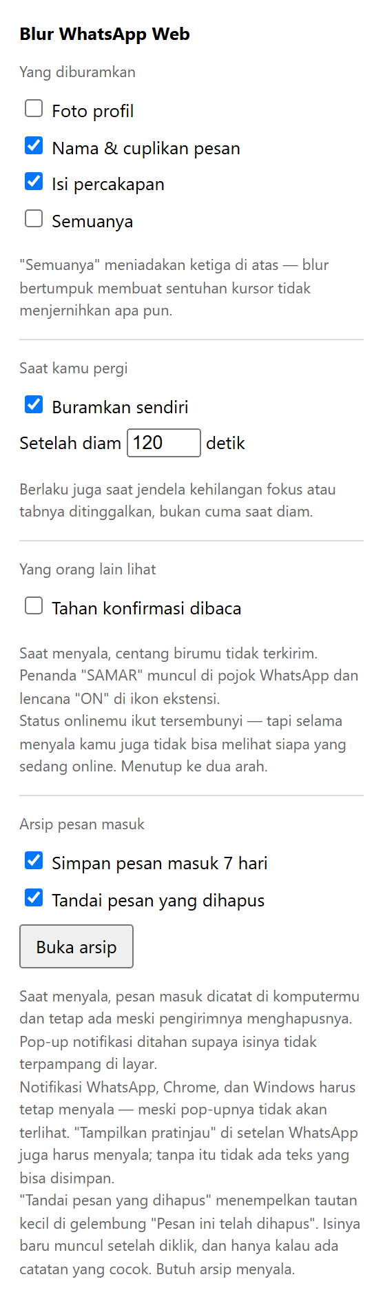 Blur WhatsApp Web extension popup (actual UI)